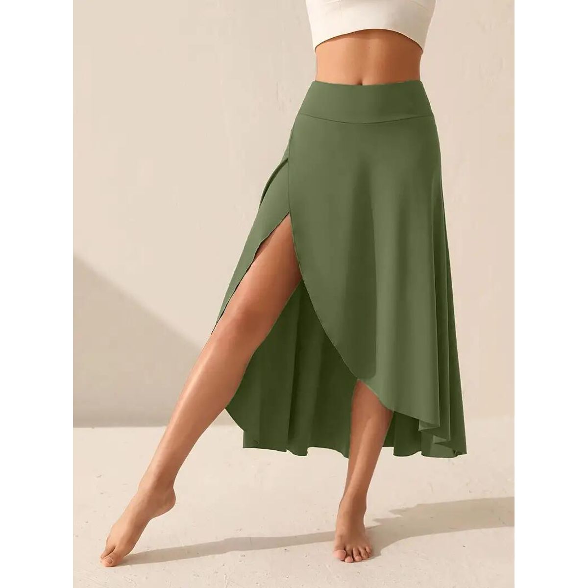 Women's High Waisted Split Midi Skirt with Built-in Shorts - Green-S