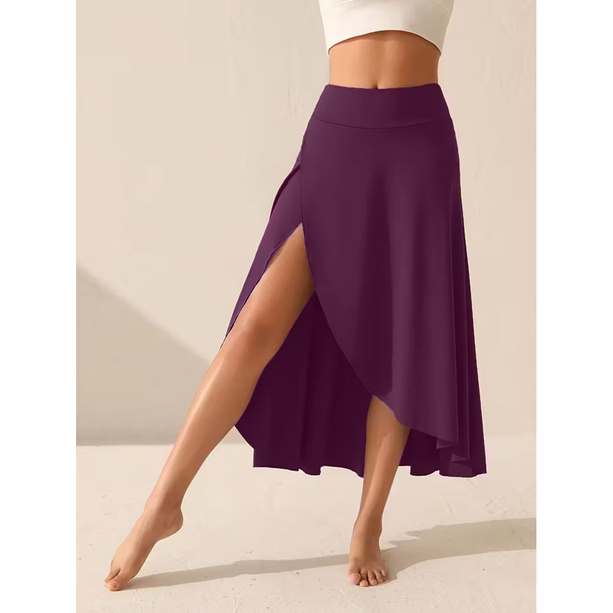 Women's High Waisted Split Midi Skirt with Built-in Shorts - Purple-M