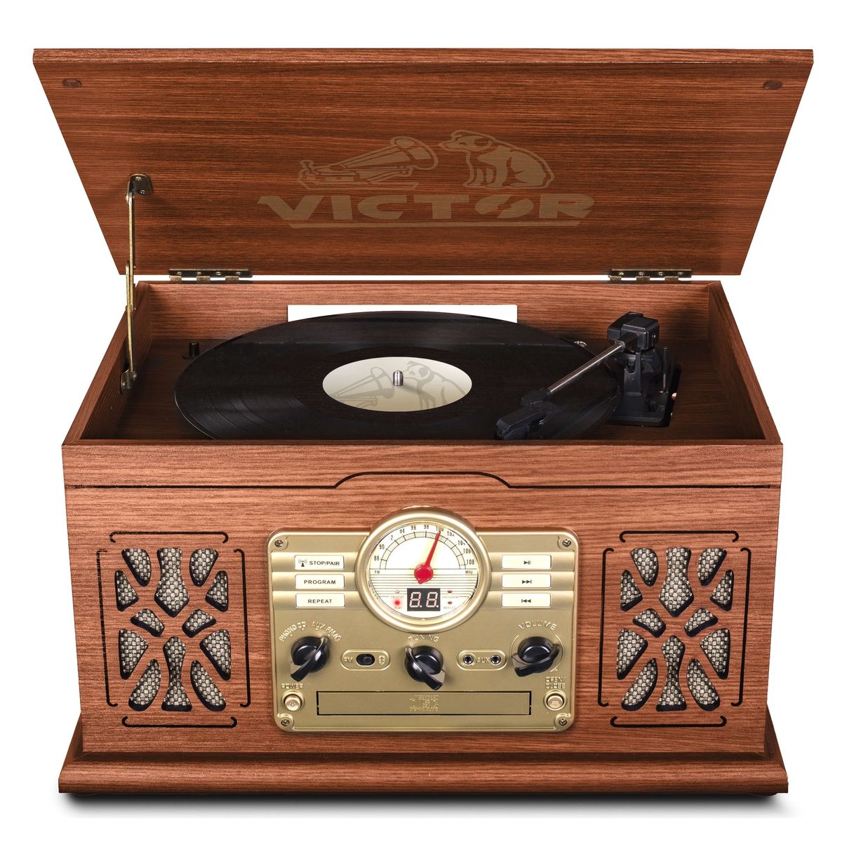State 7-in-1 Wood Music Center with 3-Speed Turntable & Dual Bluetooth - Mahogany