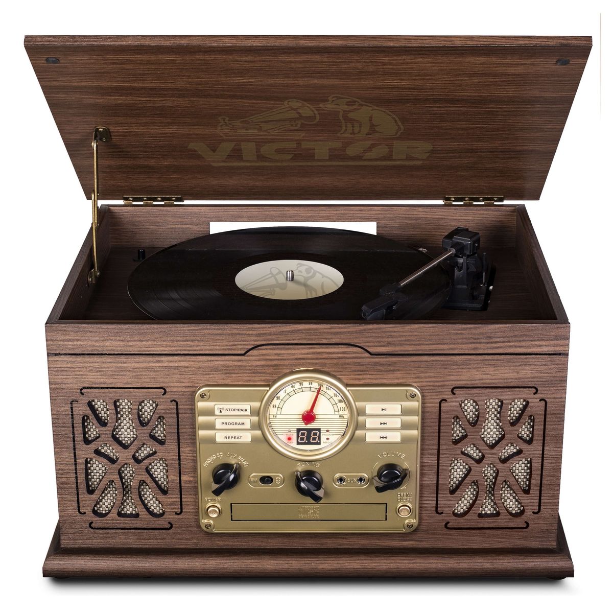 State 7-in-1 Wood Music Center with 3-Speed Turntable & Dual Bluetooth - Espresso