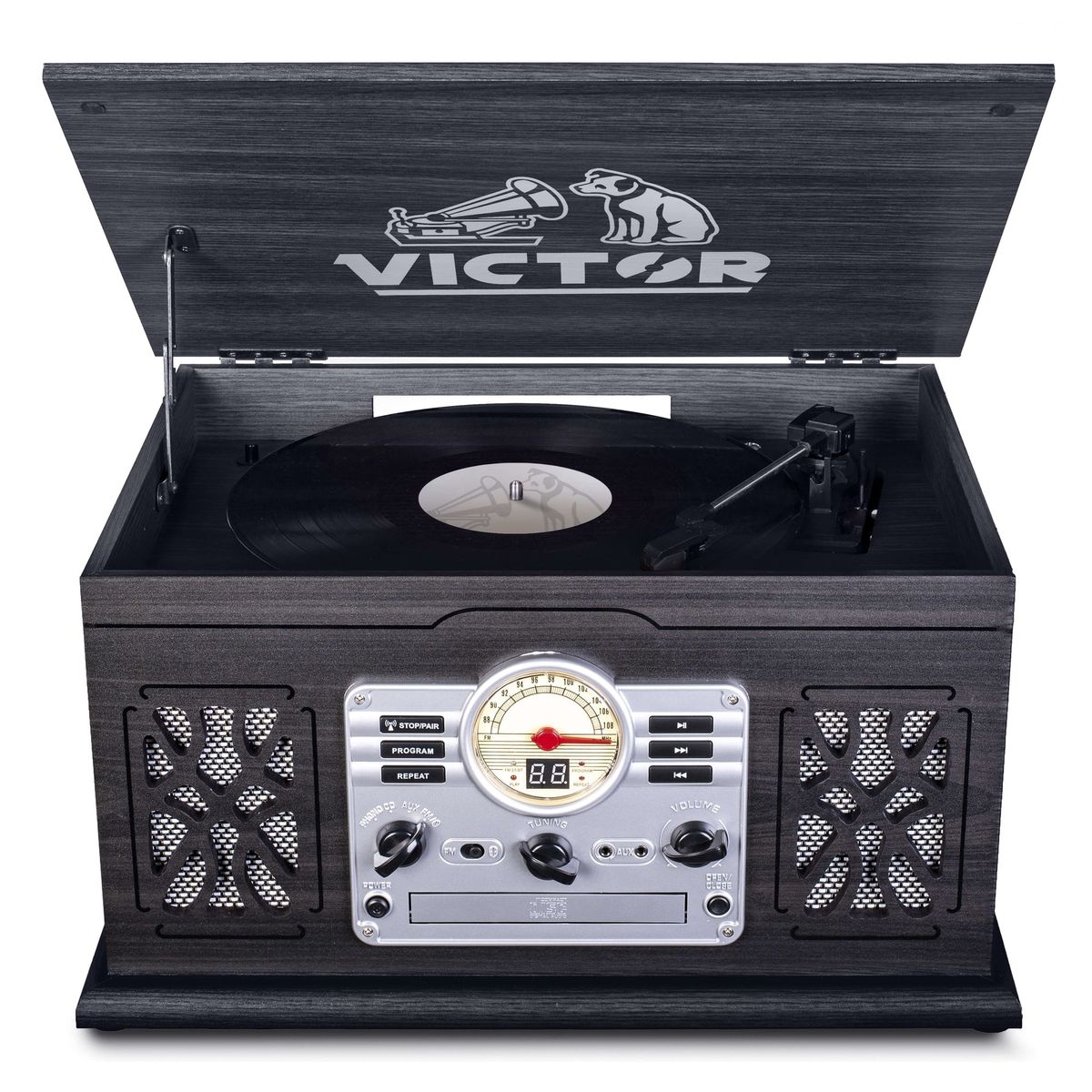 State 7-in-1 Wood Music Center with 3-Speed Turntable & Dual Bluetooth - Graphite