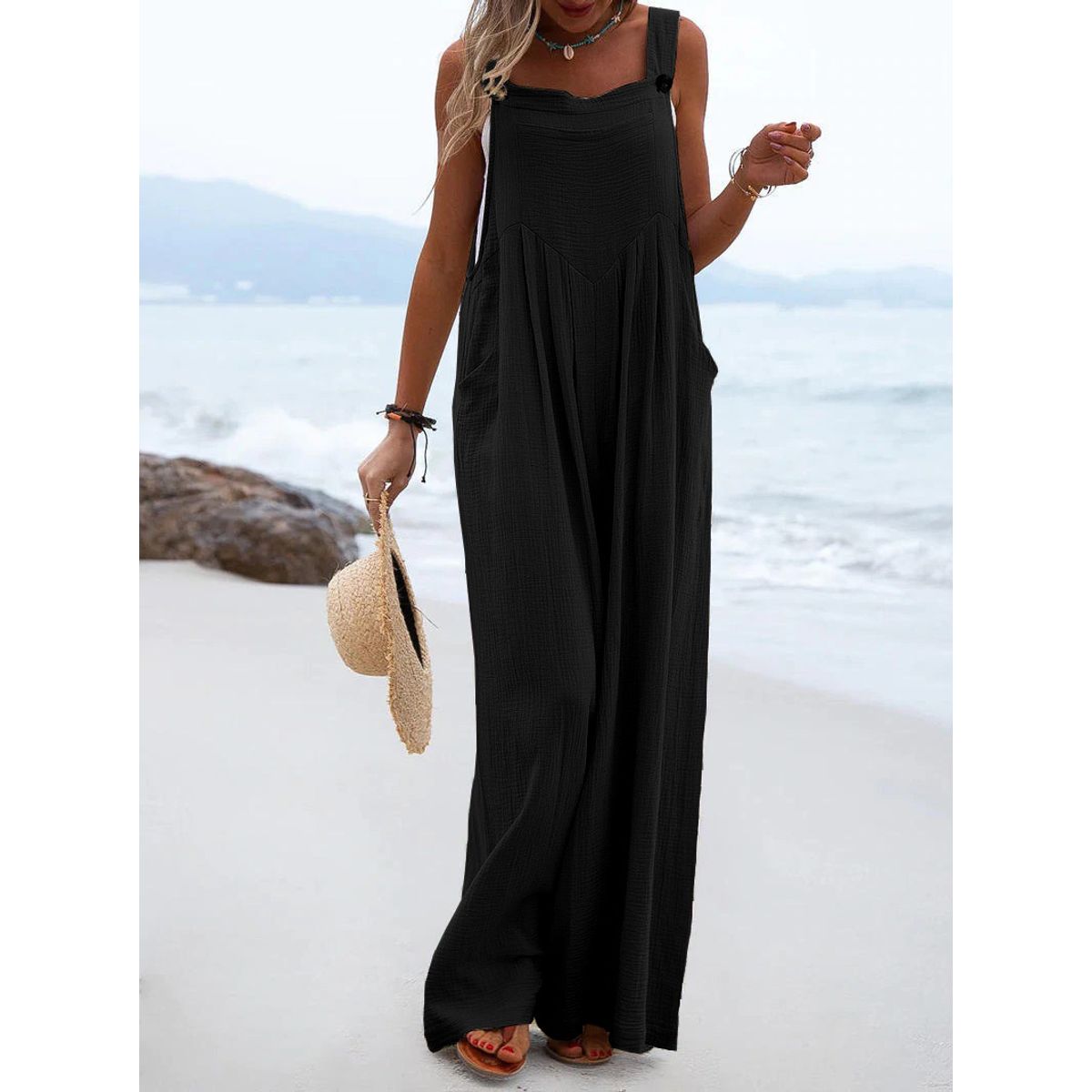 Women's Casual Sleeveless Wide Leg Jumpsuit - Black-XL