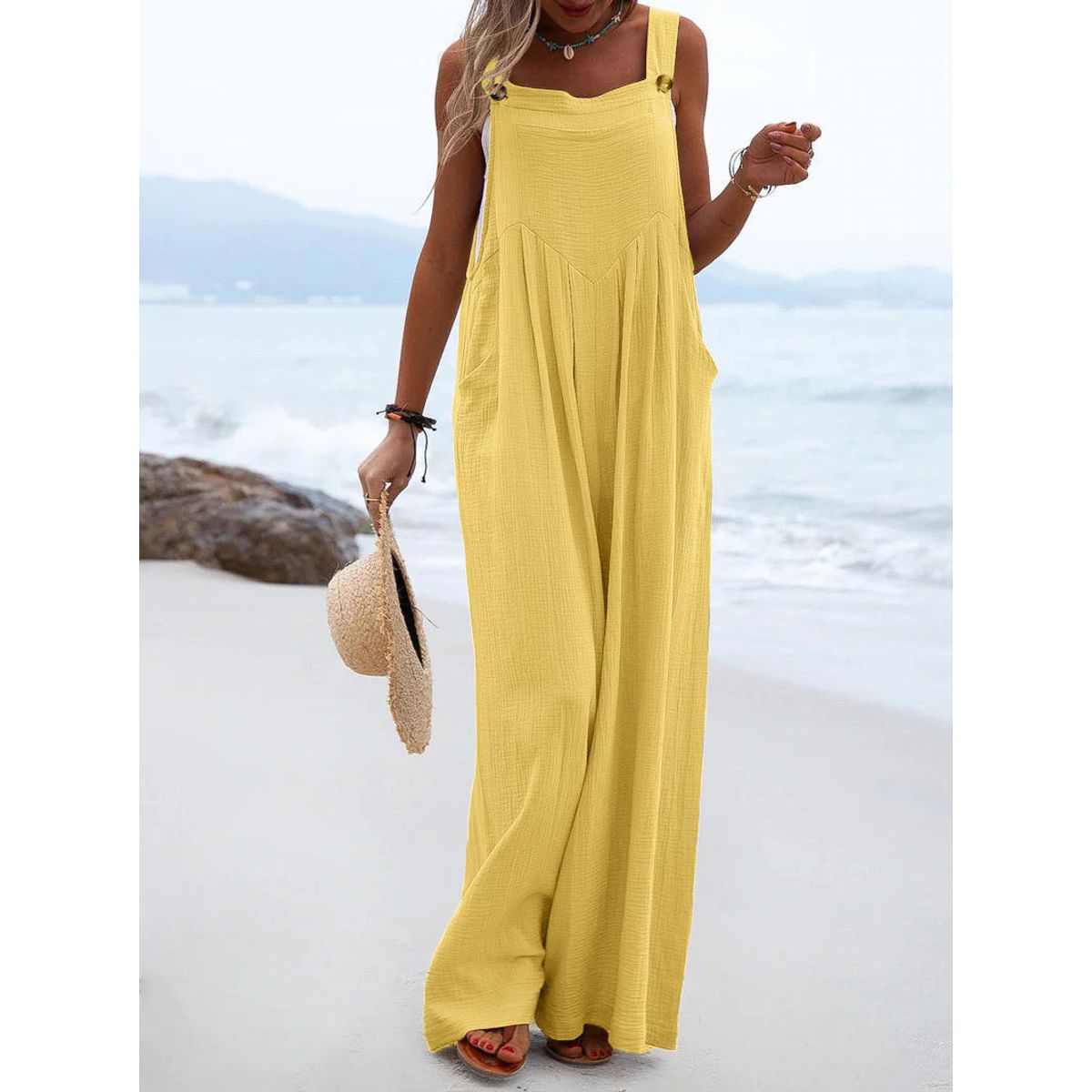 Women's Casual Sleeveless Wide Leg Jumpsuit - Yellow-L