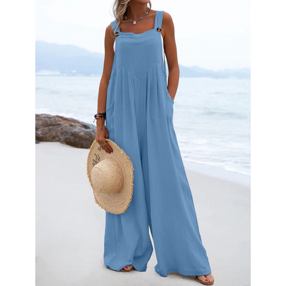 Women's Casual Sleeveless Wide Leg Jumpsuit - Blue-L