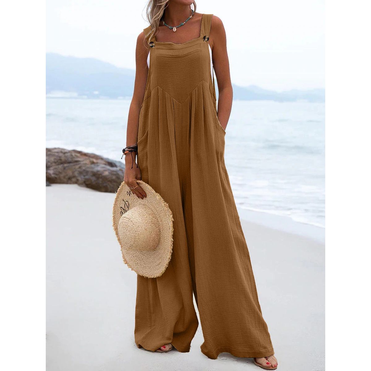 Women's Casual Sleeveless Wide Leg Jumpsuit - Brown-S