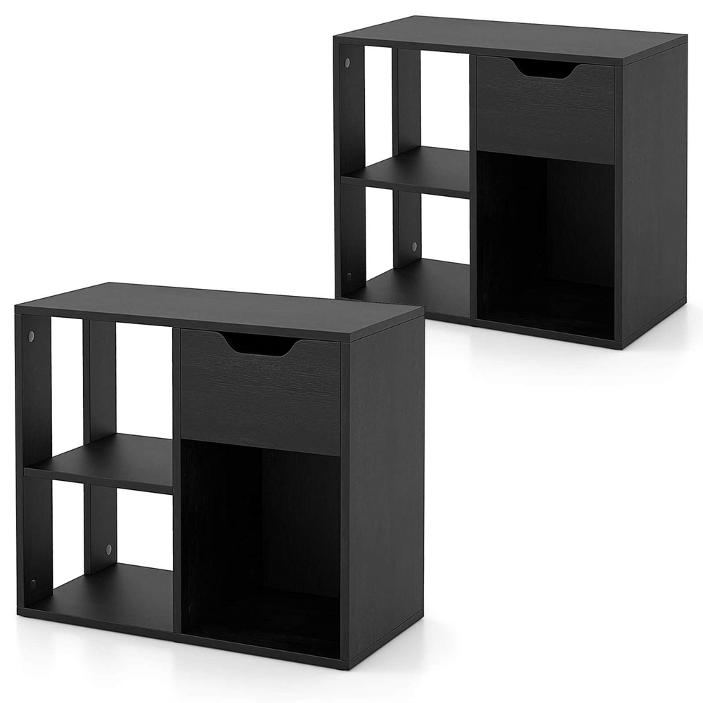2 Pcs 3-Cube Bookcase Organizer with 2-tier Wooden Storage Shelf & Pull-out Drawer - Black