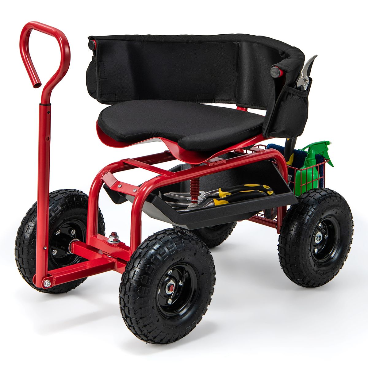 Costway Rolling Garden Cart Height Adjustable Scooter with Swivel Seat & Tool Storage - Red
