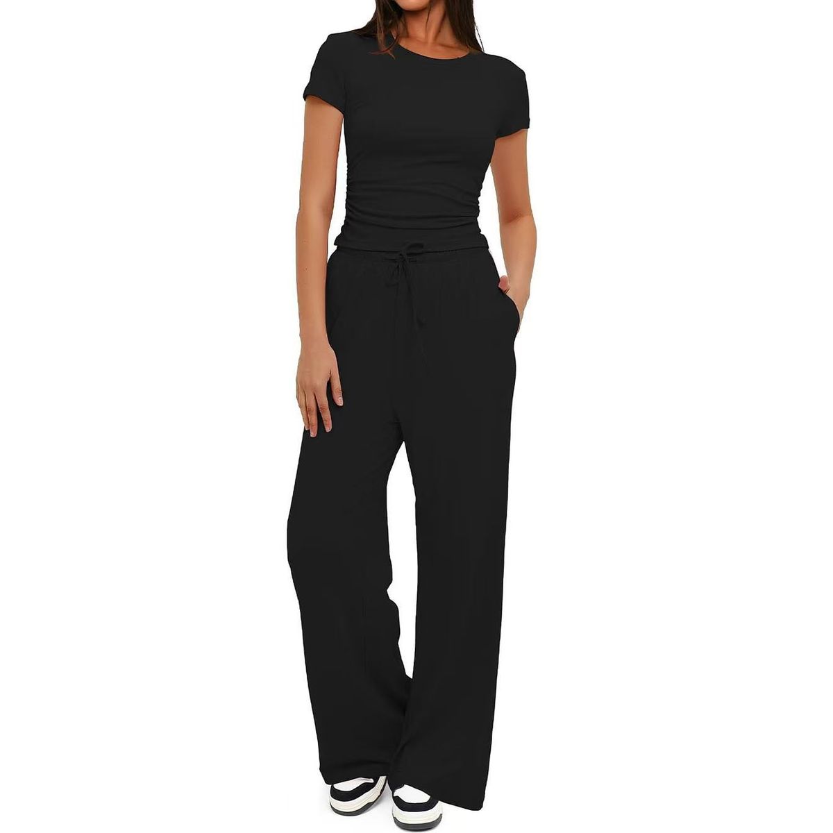 Women's Ruched Short Sleeve Top and Wide Leg Pants (2 Piece Set) - Black-M