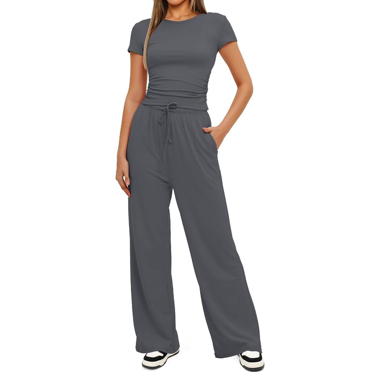 Women's Ruched Short Sleeve Top and Wide Leg Pants (2 Piece Set) - Dark Grey-M