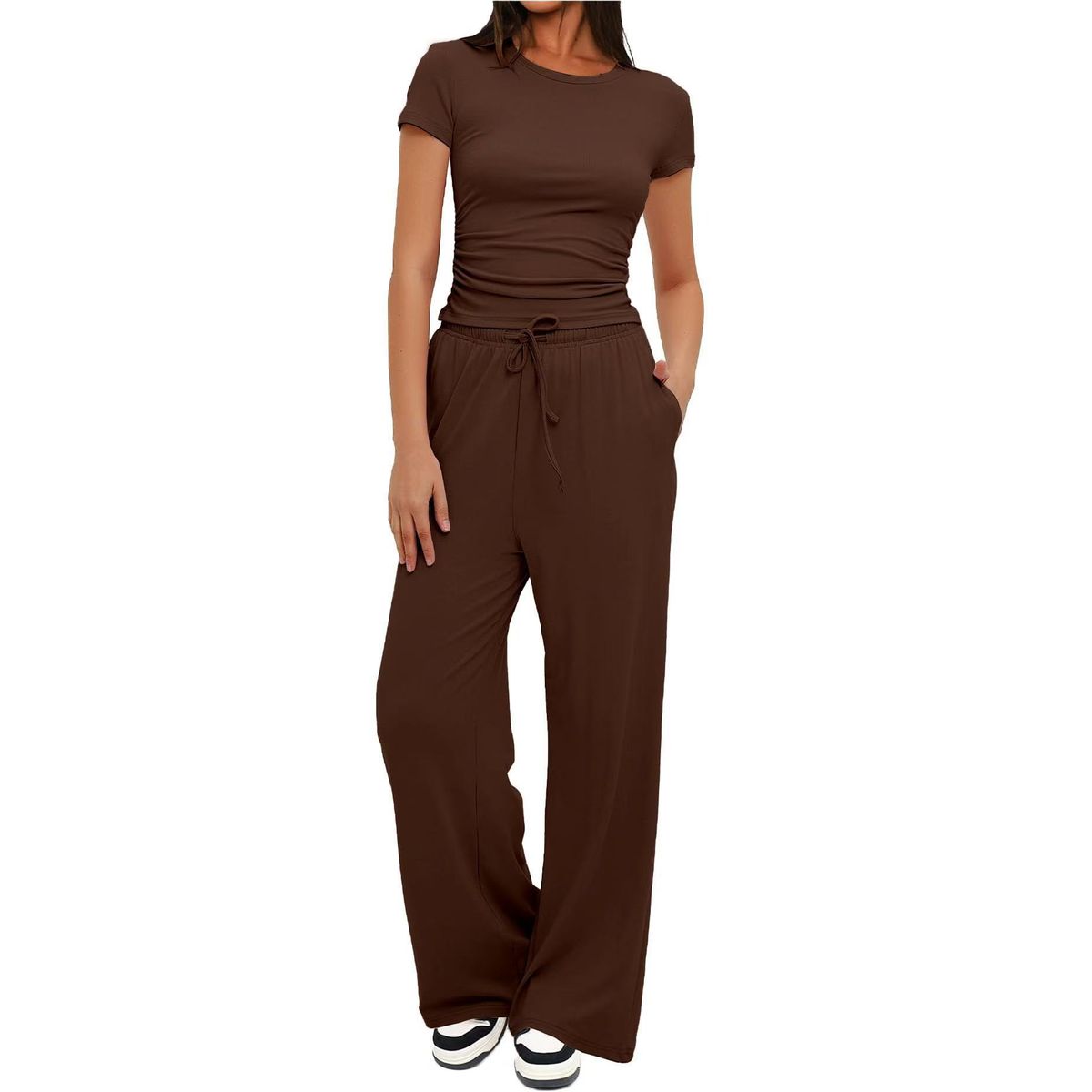 Women's Ruched Short Sleeve Top and Wide Leg Pants (2 Piece Set) - Dark Brown-2XL