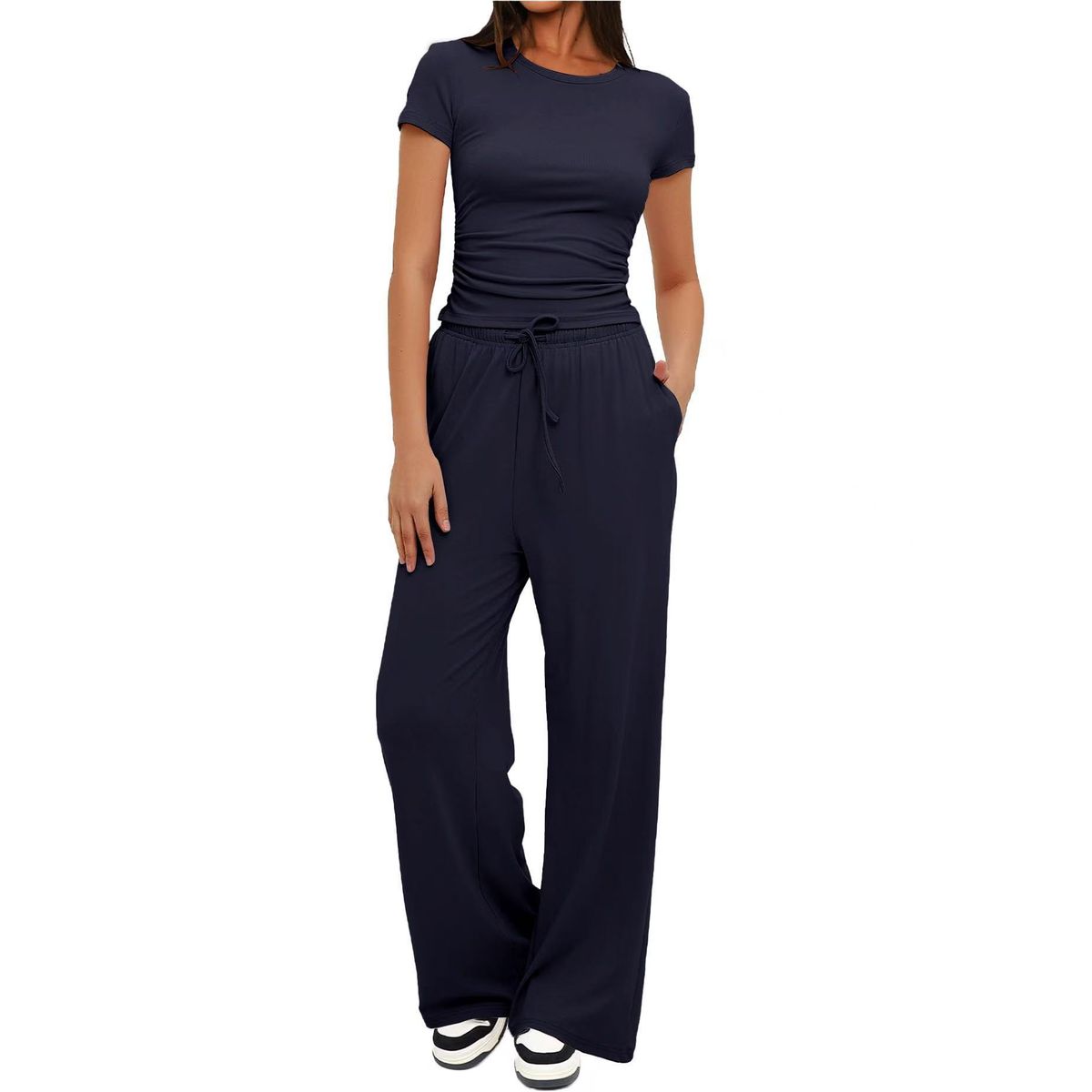 Women's Ruched Short Sleeve Top and Wide Leg Pants (2 Piece Set) - Navy Blue-S
