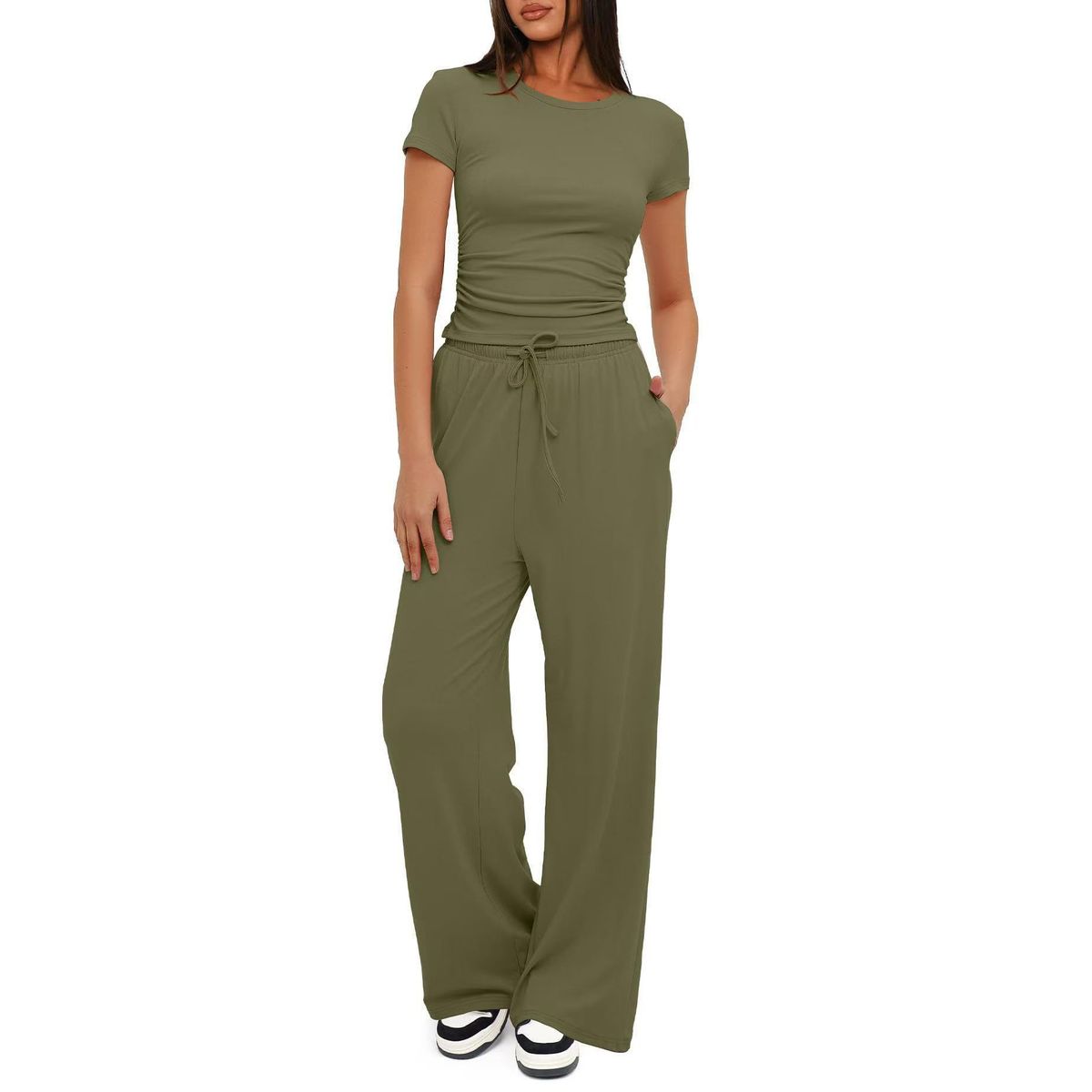 Women's Ruched Short Sleeve Top and Wide Leg Pants (2 Piece Set) - Army Green-2XL
