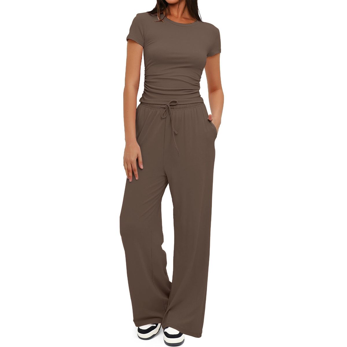 Women's Ruched Short Sleeve Top and Wide Leg Pants (2 Piece Set) - Light Brown-2XL
