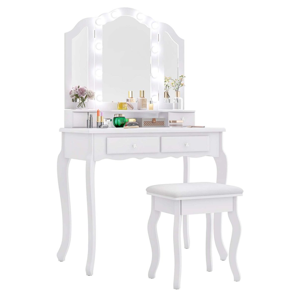 Makeup Vanity Table Set with Lighted Mirror and Drawers - Vanity Set-White