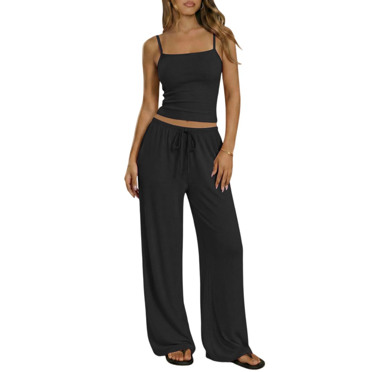 Women's Square Neck Cami and Wide Leg Pants (2 Piece Set) - Black-L