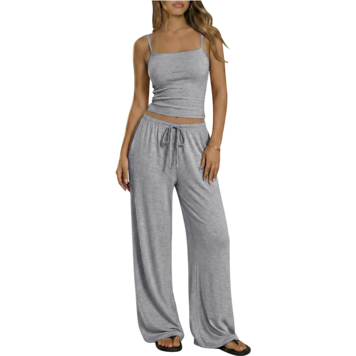 Women's Square Neck Cami and Wide Leg Pants (2 Piece Set) - Light Grey-M