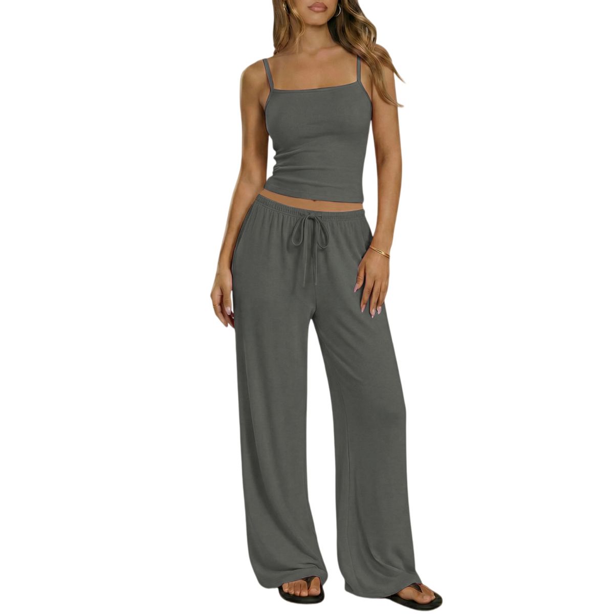 Women's Square Neck Cami and Wide Leg Pants (2 Piece Set) - Dark Grey-XS
