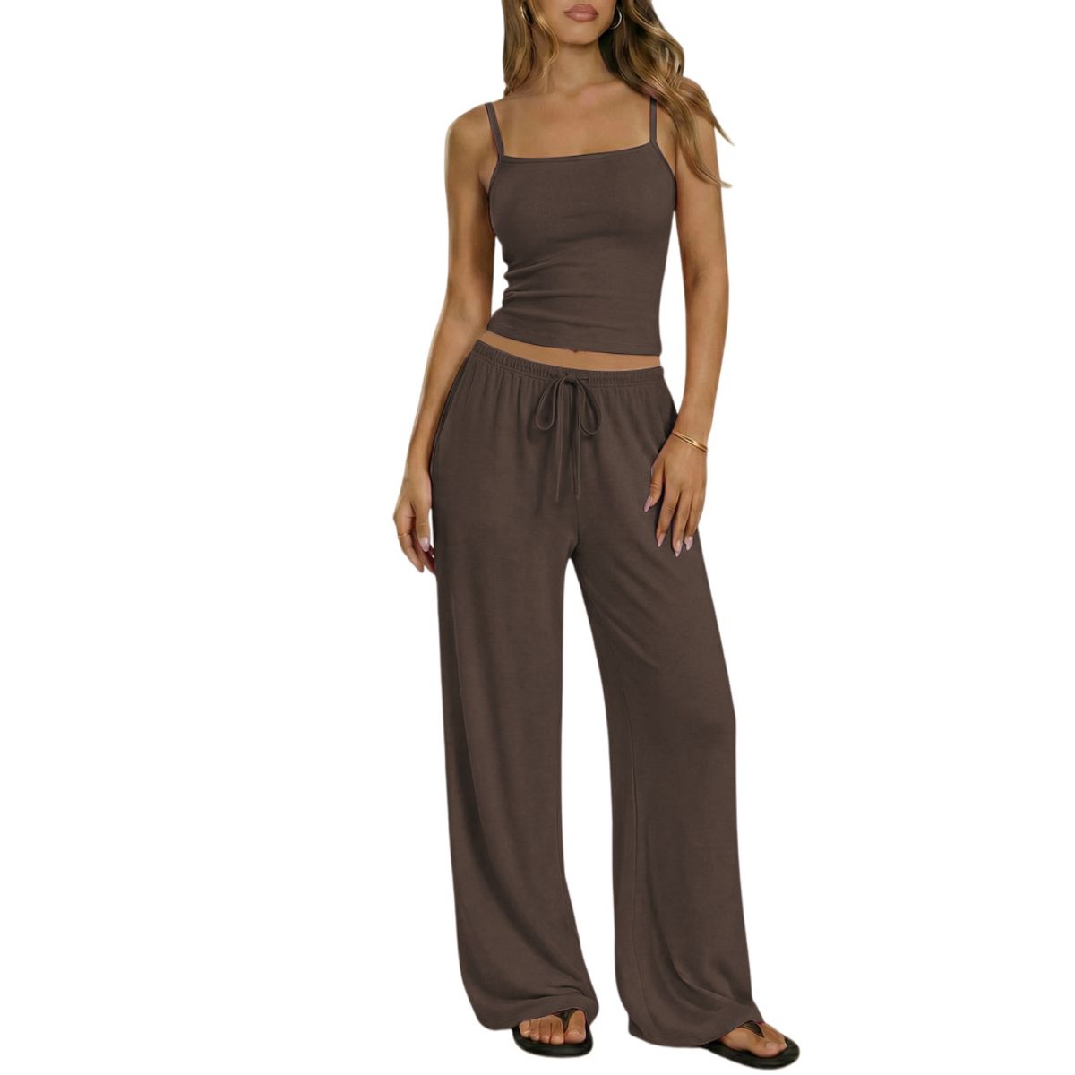 Women's Square Neck Cami and Wide Leg Pants (2 Piece Set) - Dark Brown-L