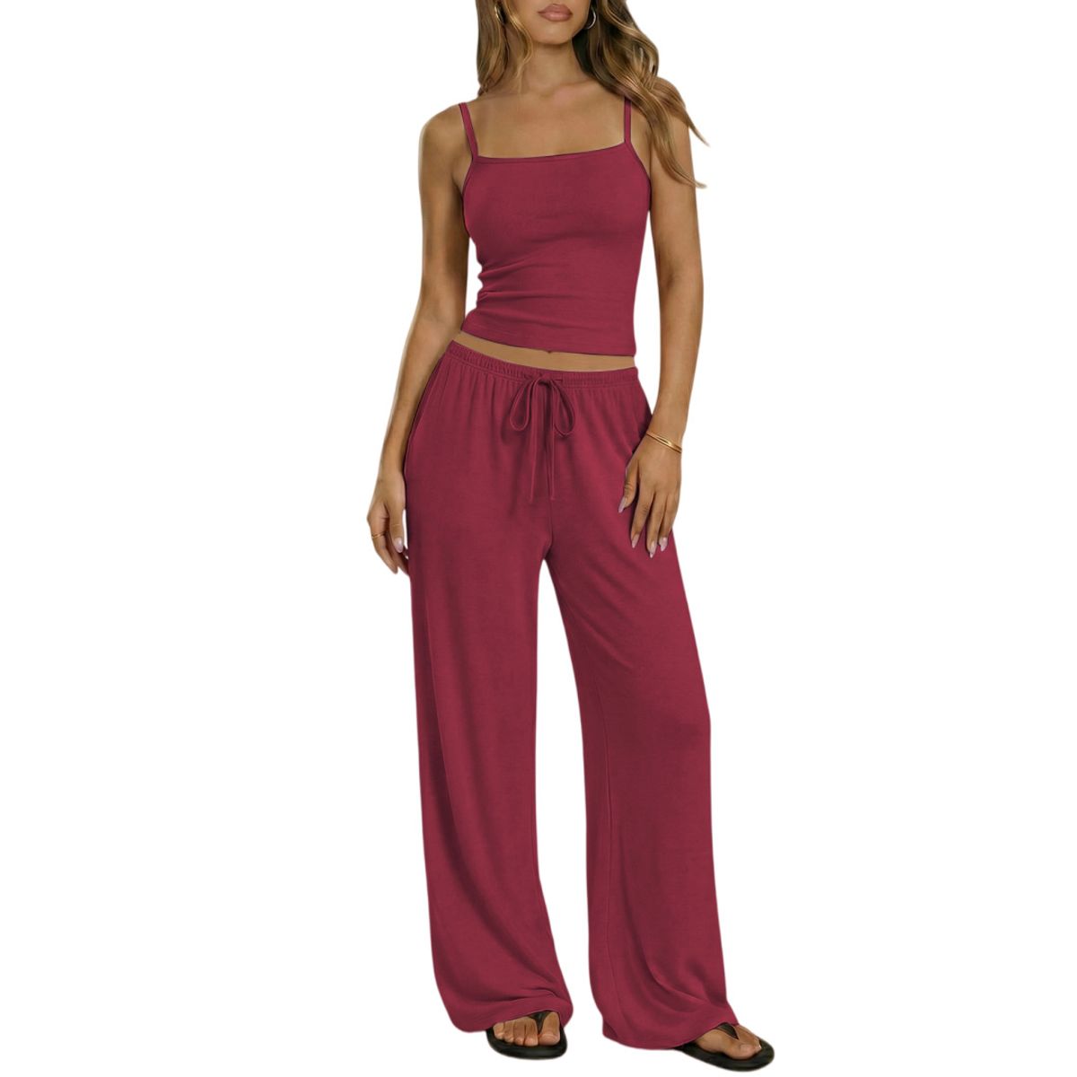 Women's Square Neck Cami and Wide Leg Pants (2 Piece Set) - Burgundy-M