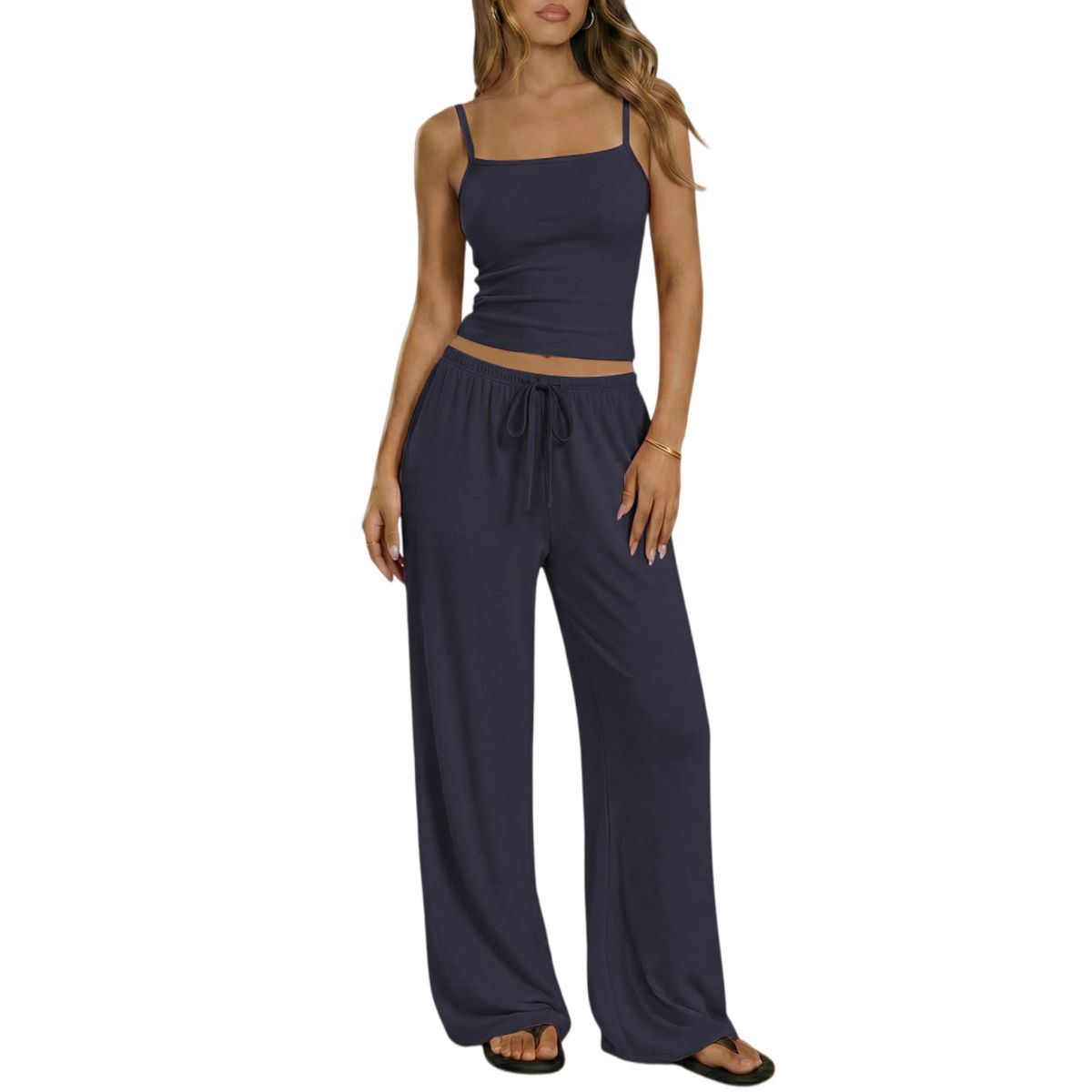 Women's Square Neck Cami and Wide Leg Pants (2 Piece Set) - Navy Blue-S