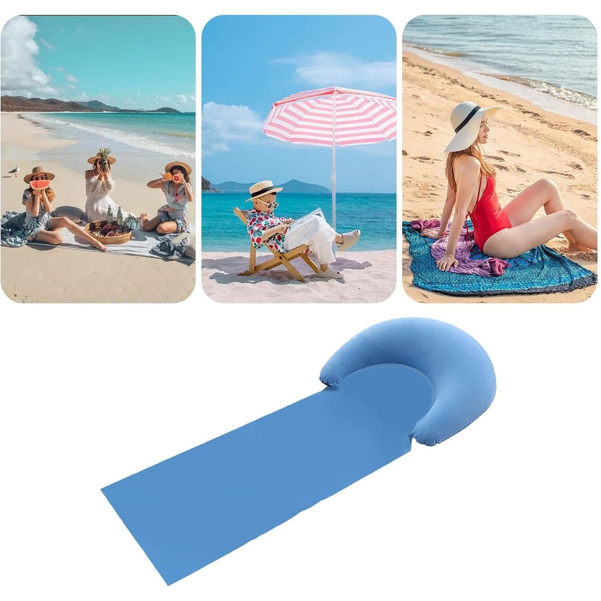 Portable Beach Mat with Inflatable Pillow - Blue