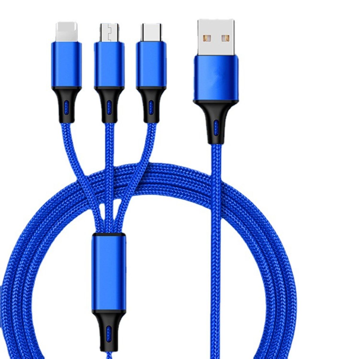 3-in-1 USB Nylon Braided Fast Charger Cable - Blue
