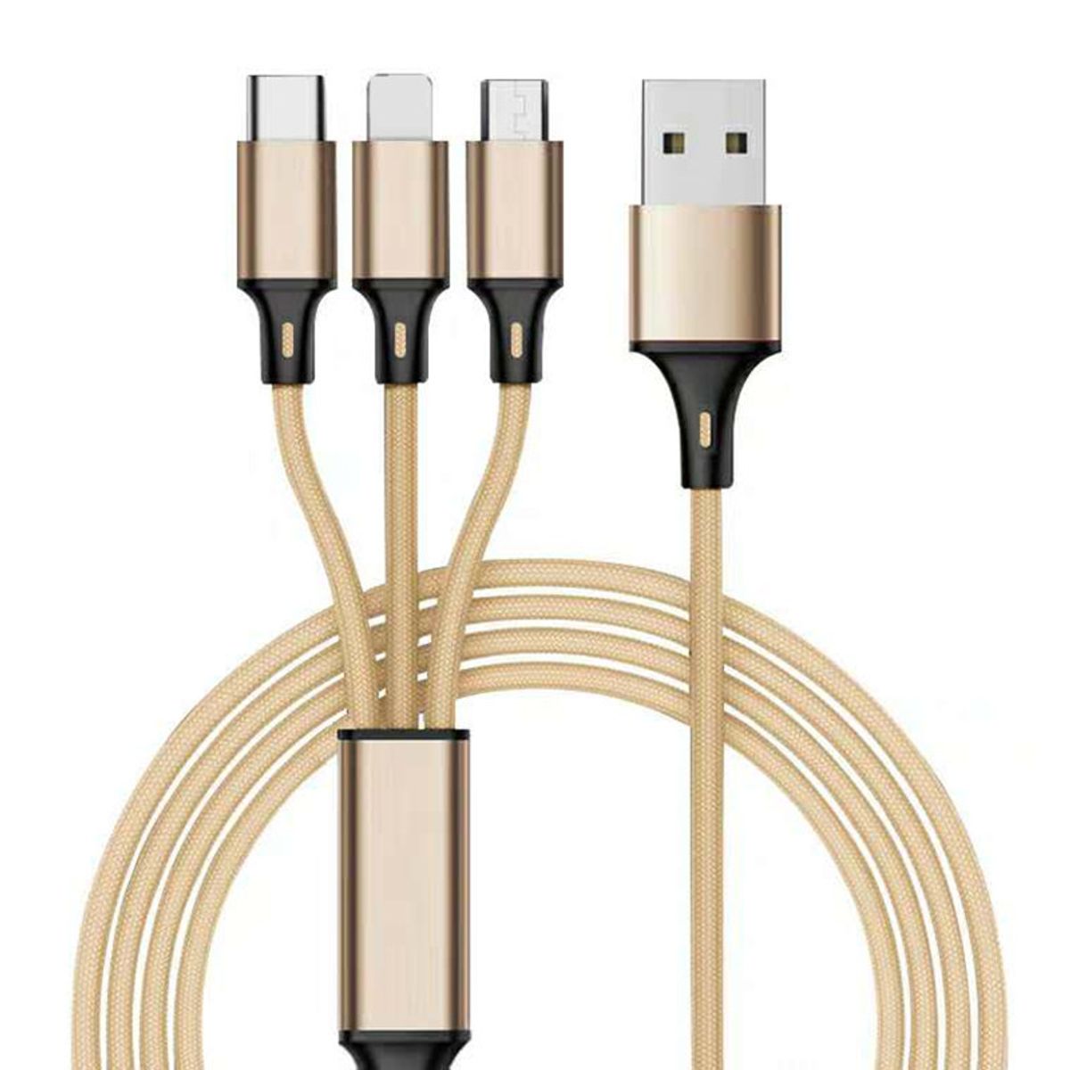 3-in-1 USB Nylon Braided Fast Charger Cable - Gold