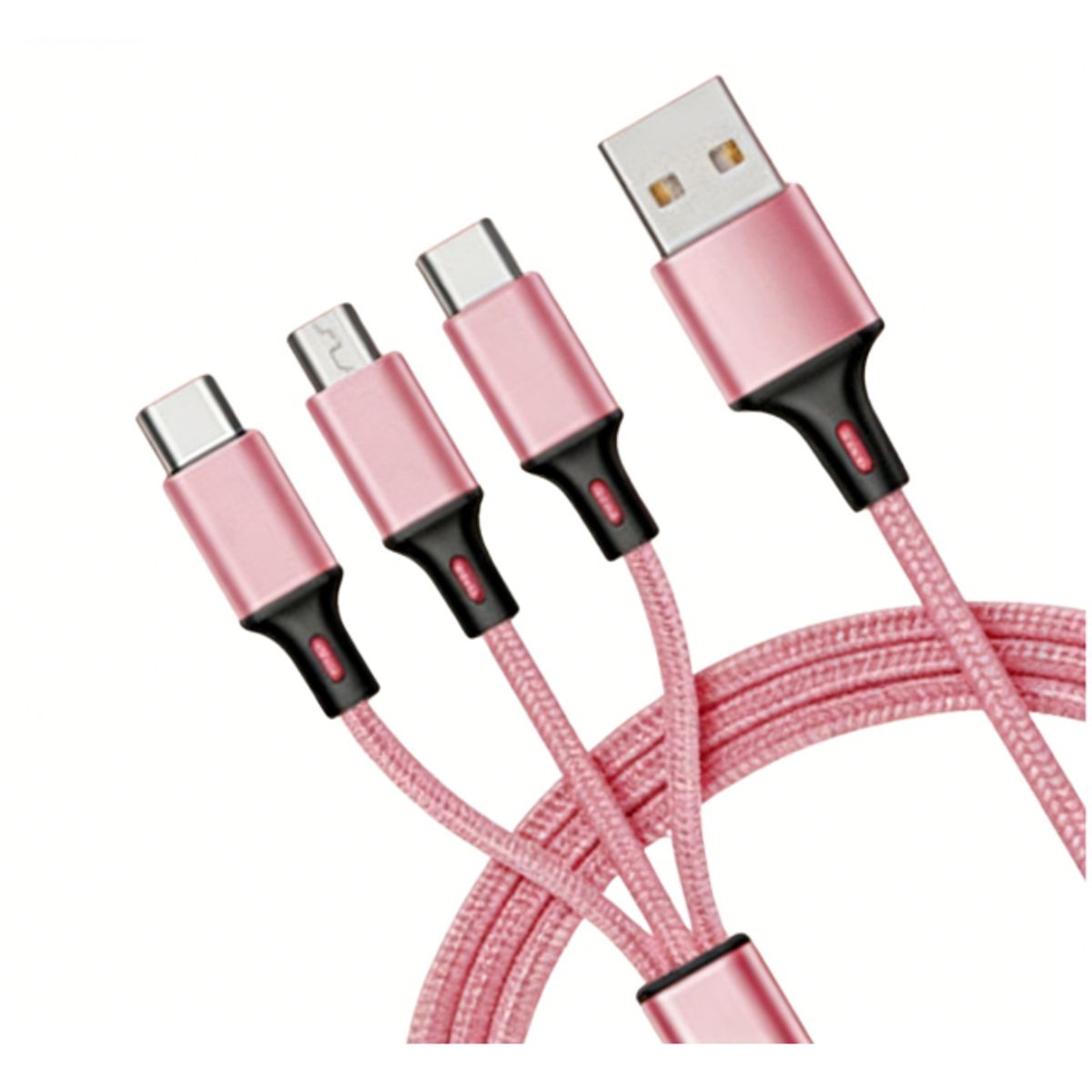 3-in-1 USB Nylon Braided Fast Charger Cable - Pink
