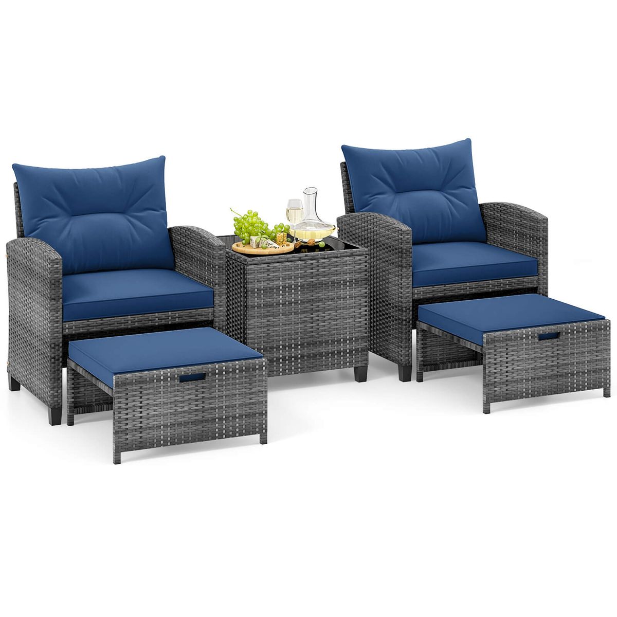 Patio Rattan Furniture (5 Piece Set) - Navy + Mix Gray