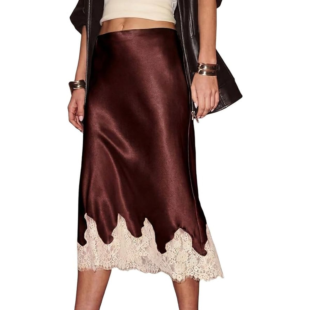 Women's Floral Lace Hem Satin Midi Skirt - Burgundy-S