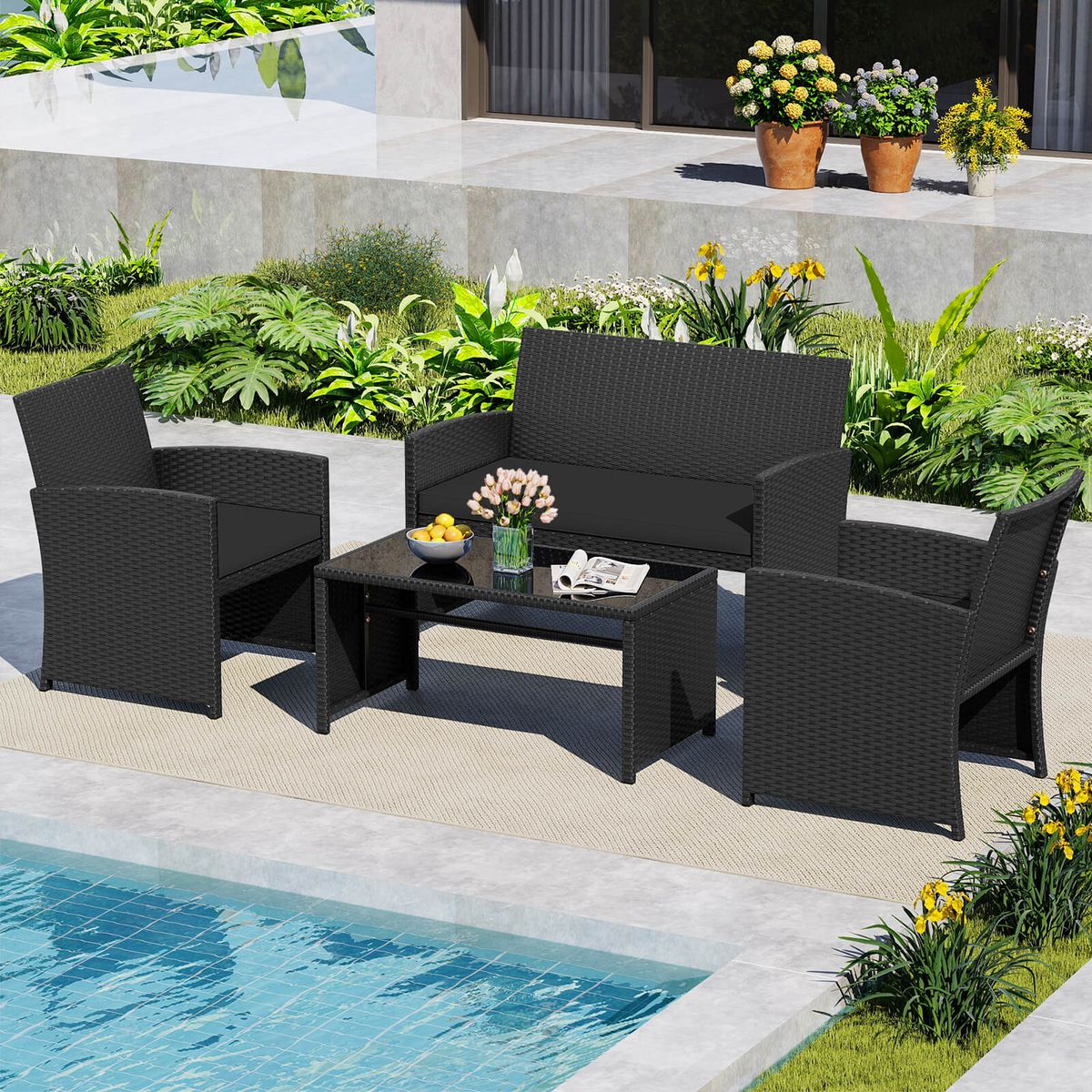 Patio Conversation Set 4 Pieces  BlackBlack