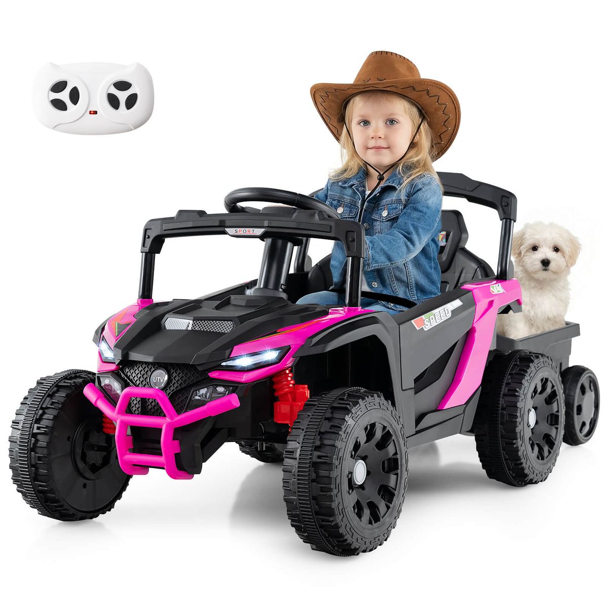 Kids' 12V Ride On UTV with Detachable Trailer - Pink