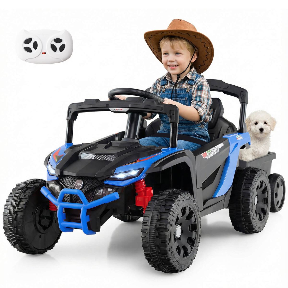 Kids' 12V Ride On UTV with Detachable Trailer - Blue