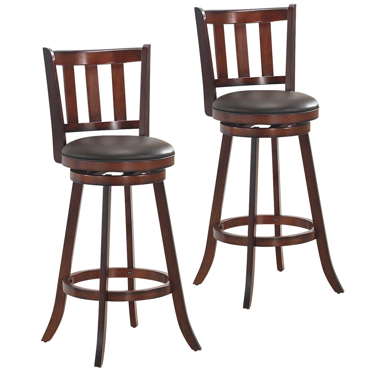 Photos - Chair Costway Brown Wood Leather Padded Swivel Bar Stools  -  Set of 2 29.5'' Swivel HW61765 (2 or 4 Pack)