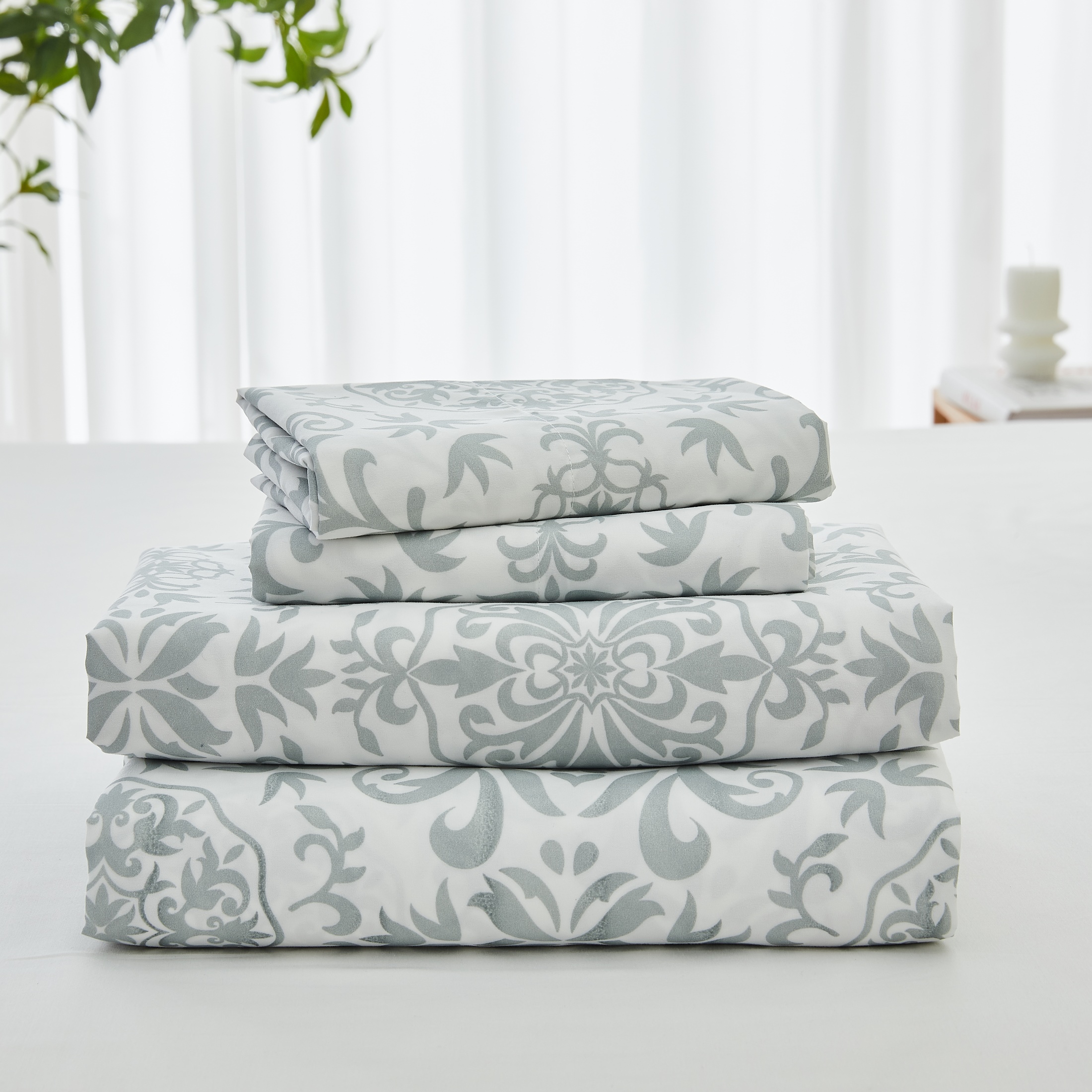 Kathy Ireland Extra Soft Printed  Sheet Set 4 Pieces  King  Silver Damask