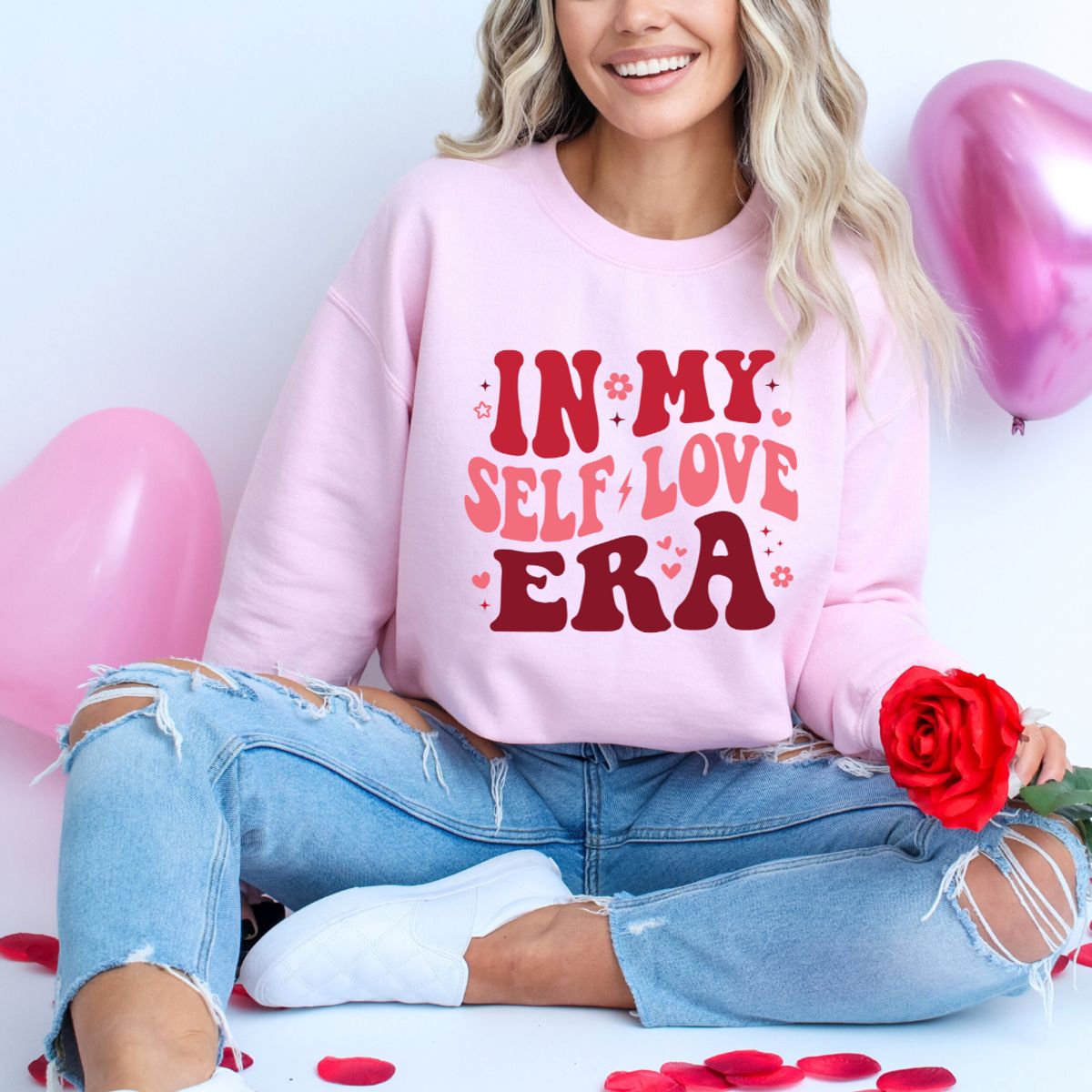 In My Self Love Era Design Sweater - Light Pink / Large