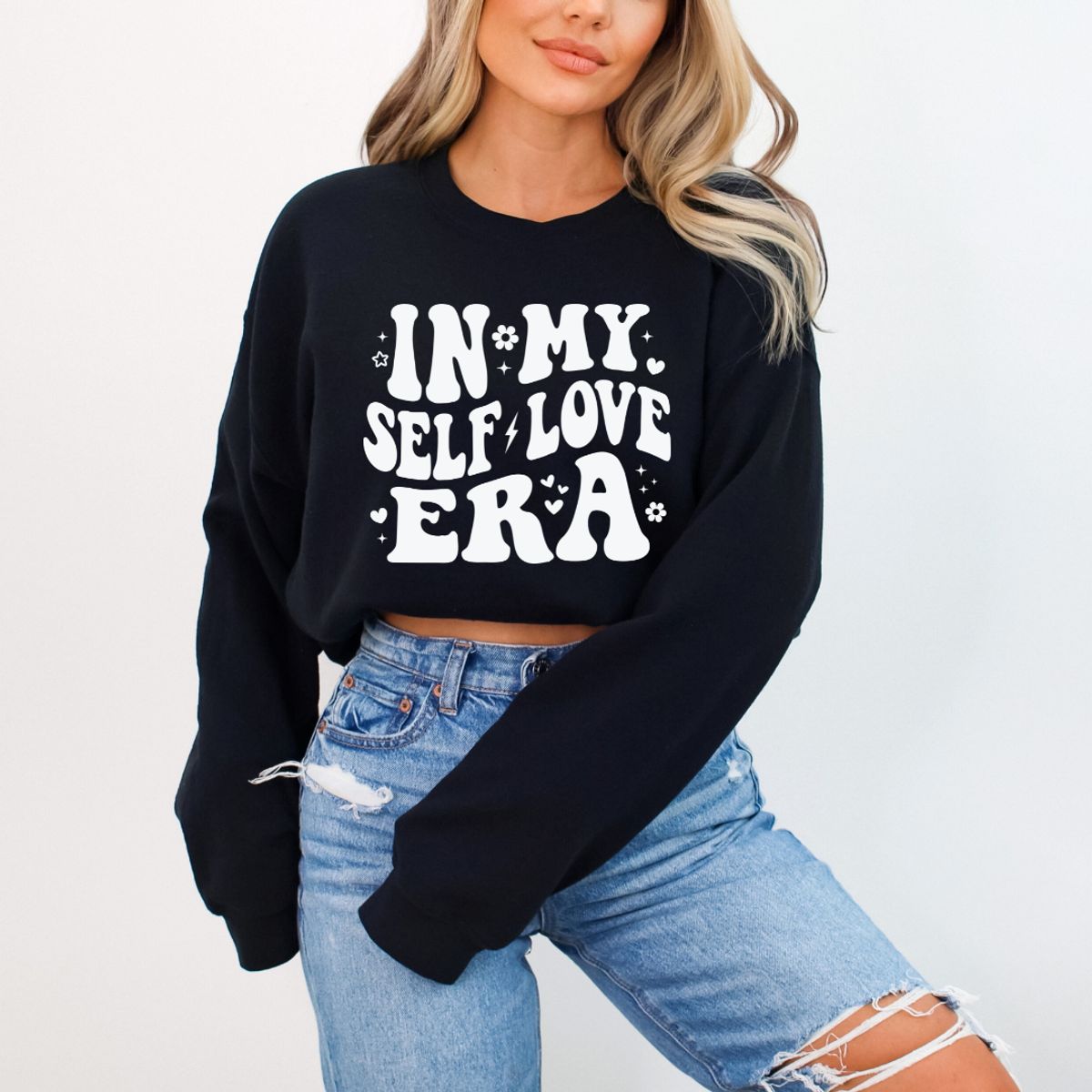 In My Self Love Era - White Print Sweater - Black / Medium