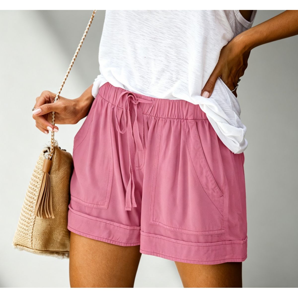 Women's Casual Drawstring Shorts - Pink-2XL