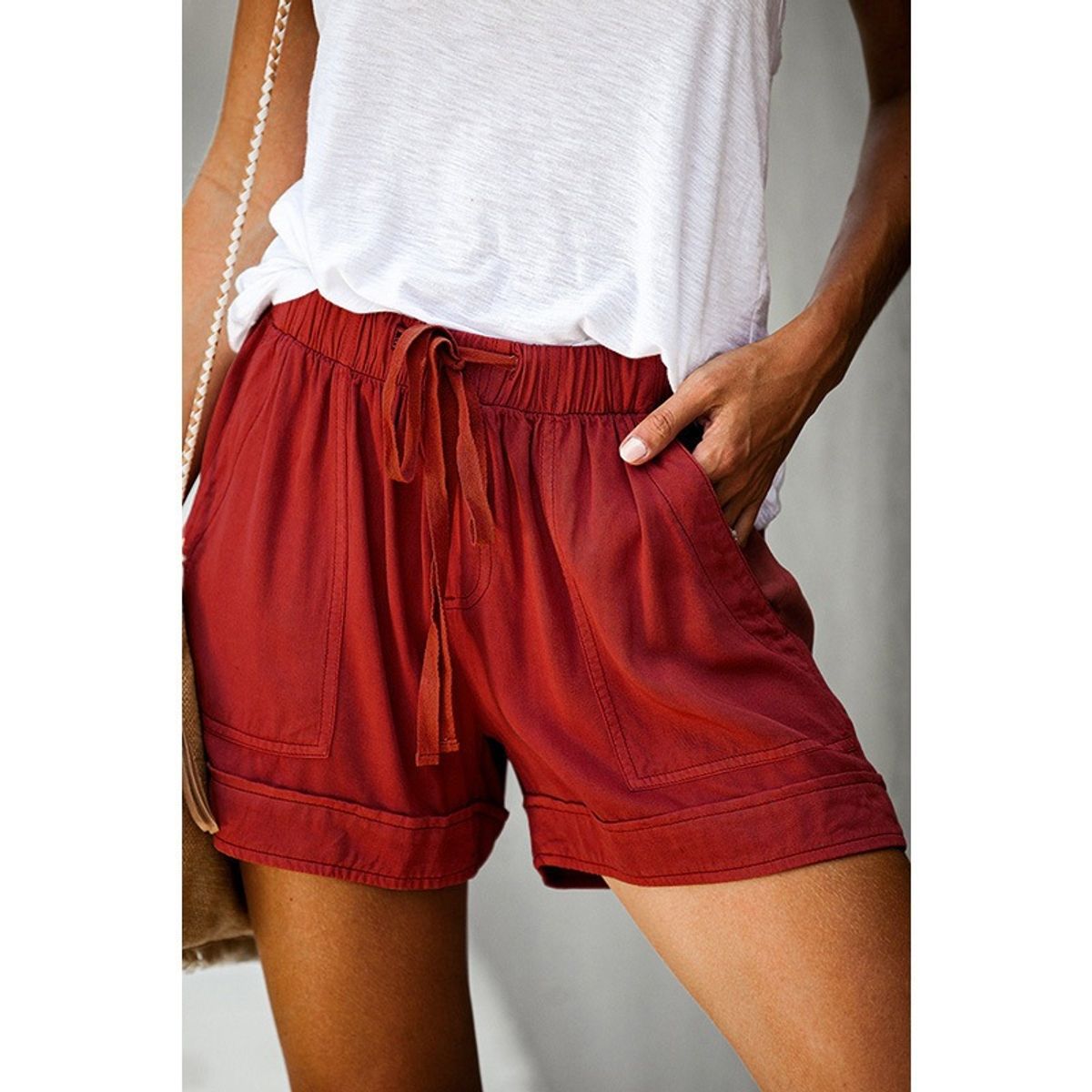 Women's Casual Drawstring Shorts - Burgundy-L