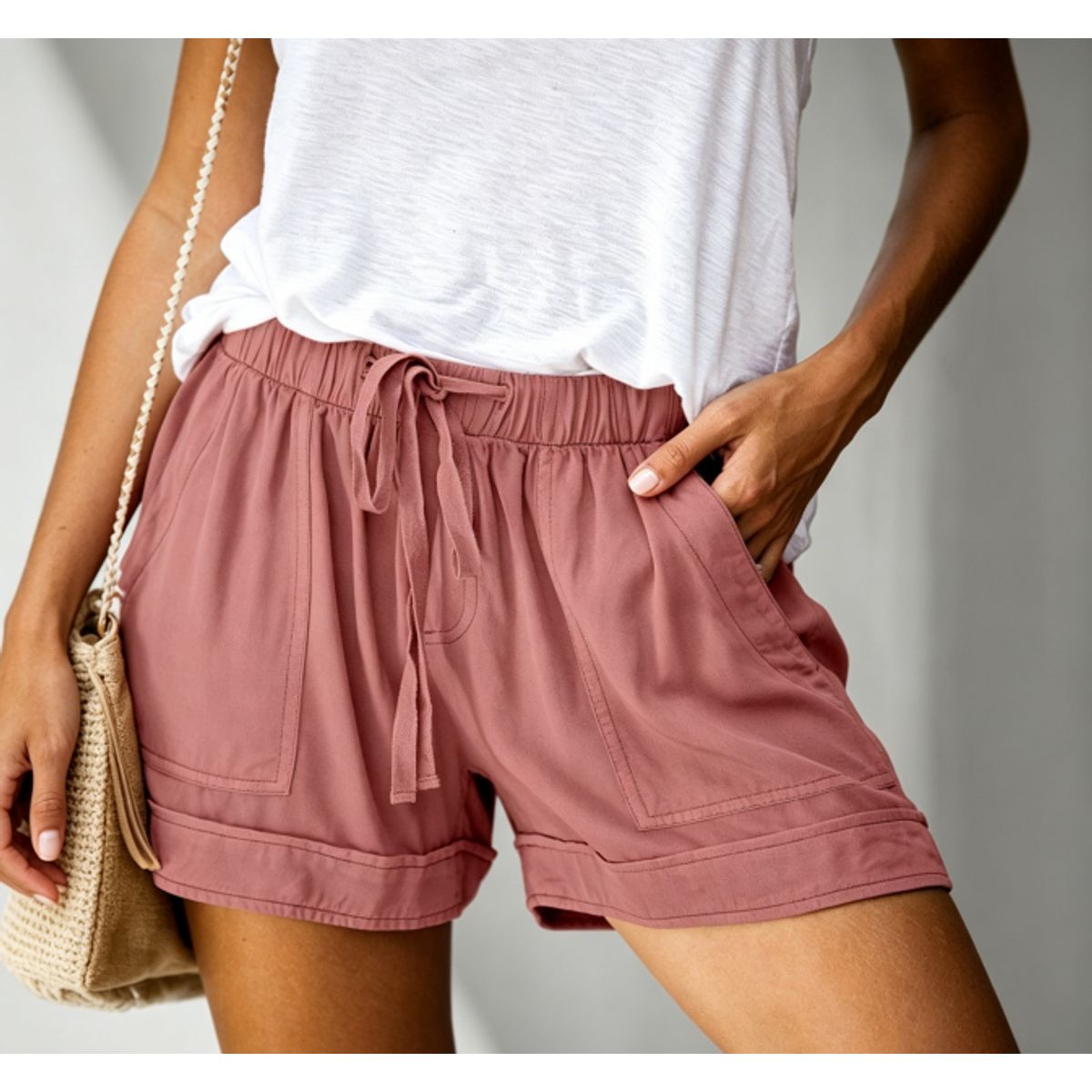 Women's Casual Drawstring Shorts - Dusty Pink-XL