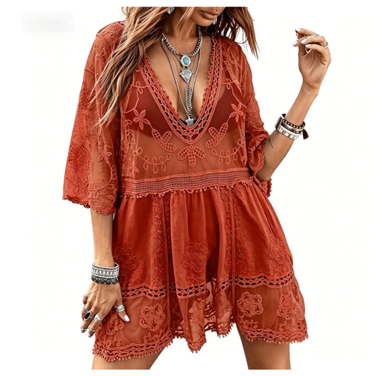 Deep V Neck Lace Embroidered Swimsuit Cover Up - Burgundy