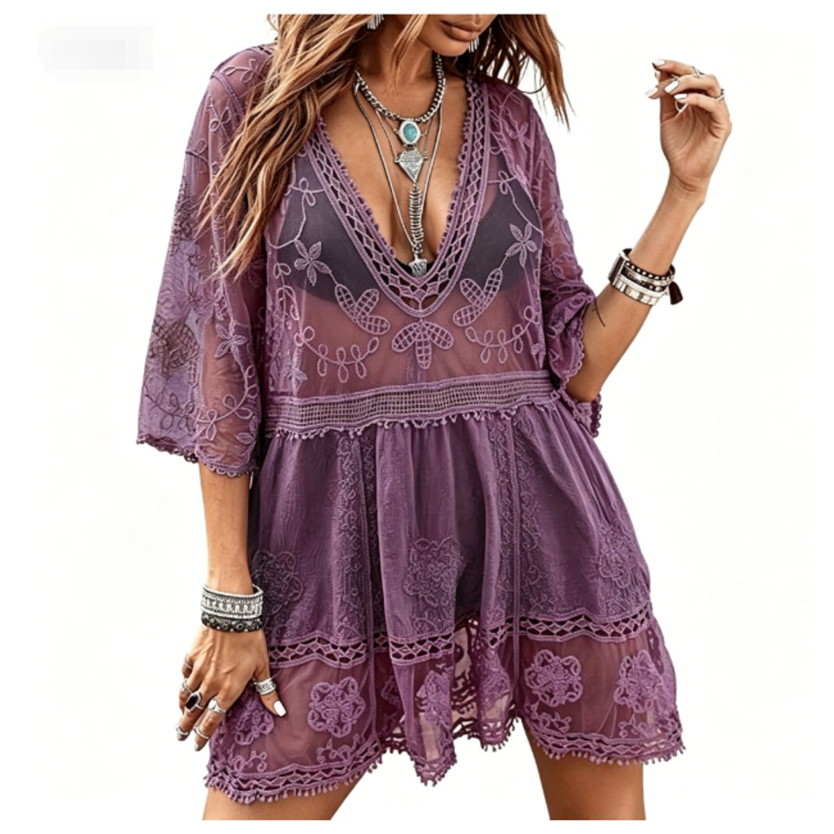 Deep V Neck Lace Embroidered Swimsuit Cover Up - Purple