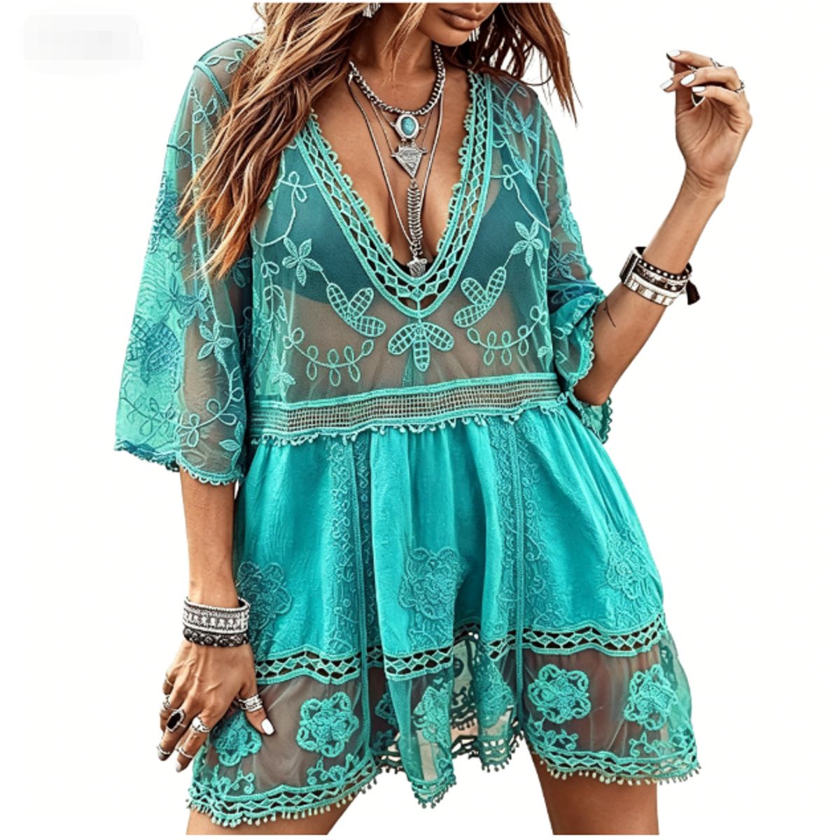 Deep V Neck Lace Embroidered Swimsuit Cover Up - Green