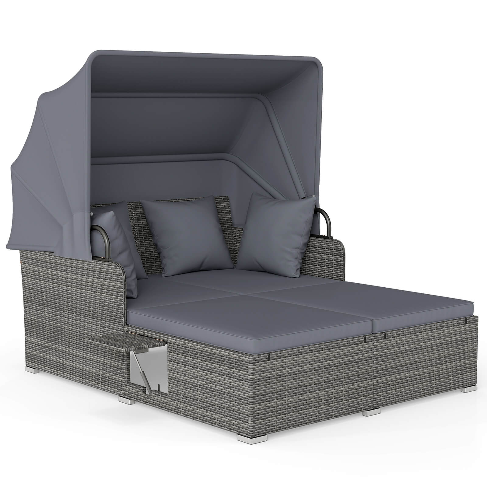 Photos - Garden Furniture Costway Patio Rattan Daybed Lounger with Retractable Canopy and Pop-up Side Tables - Gray + Gray HCST12463 