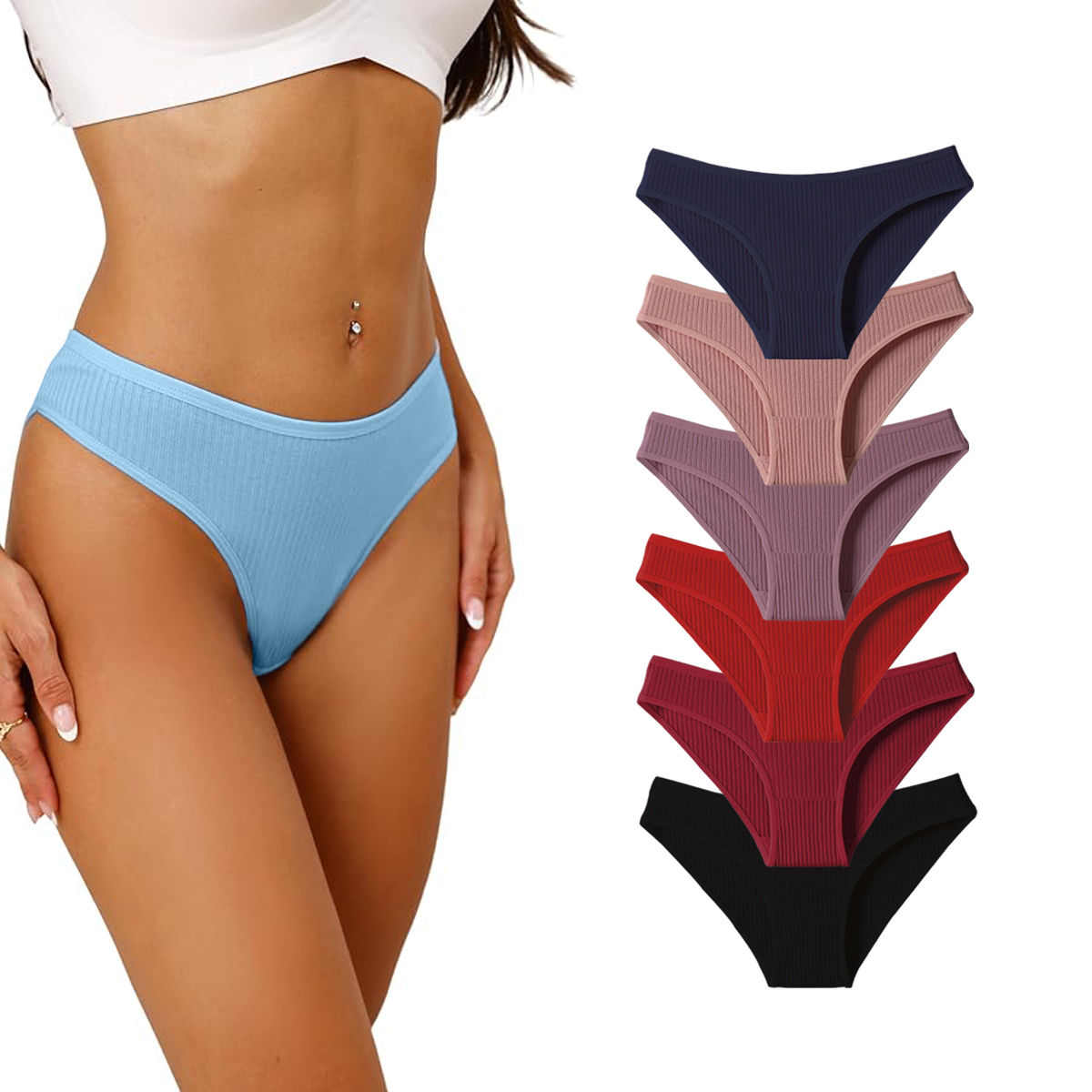 Women's Ribbed Low-Rise Underwear (6-Pack） - Style 2-L