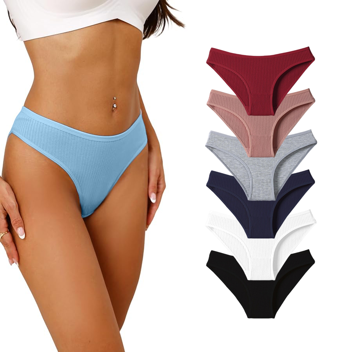 Women's Ribbed Low-Rise Underwear (6-Pack） - Style 3-L
