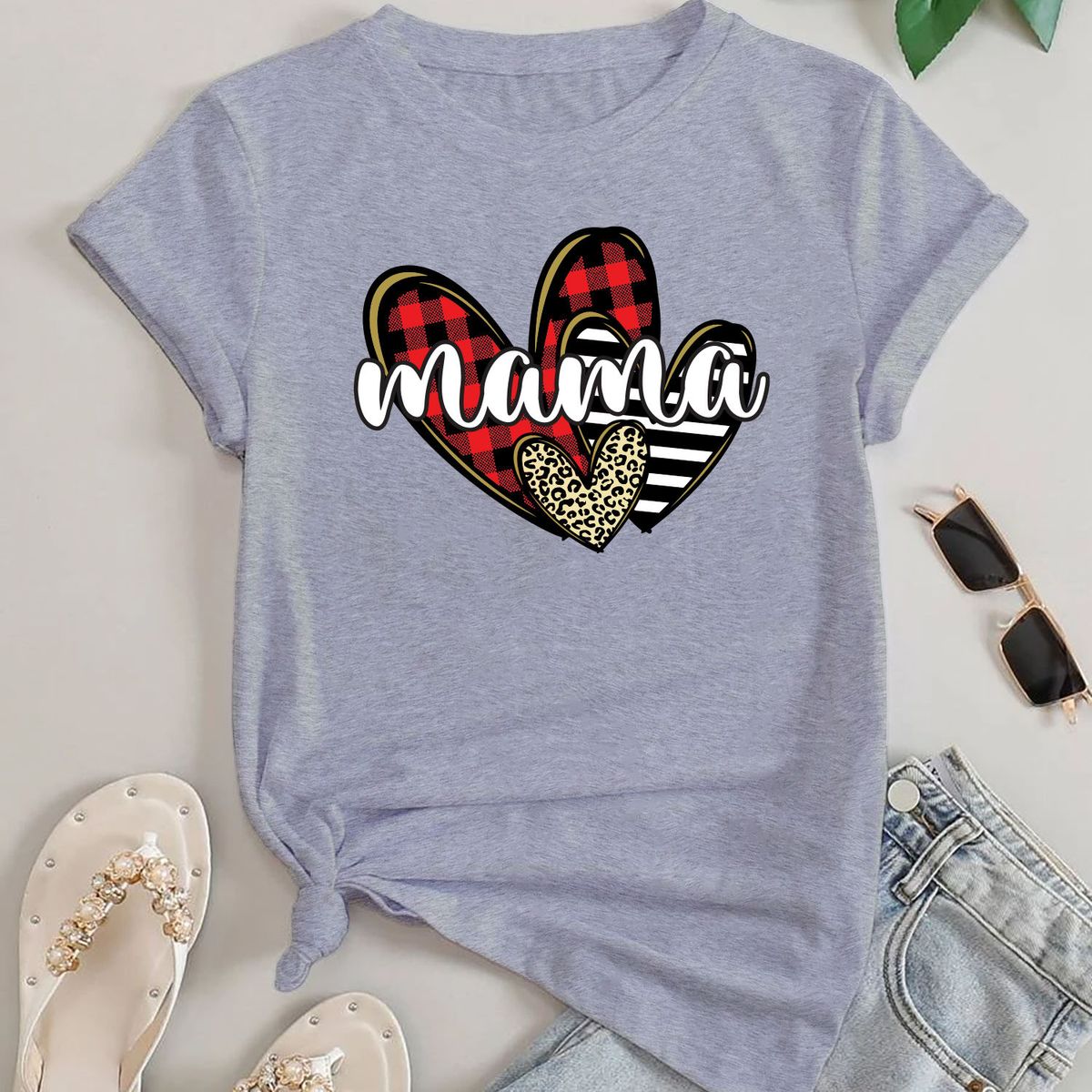 Women's Mother's Day T-Shirts - Small - Mama Plaid Cheetah Heart (Grey)
