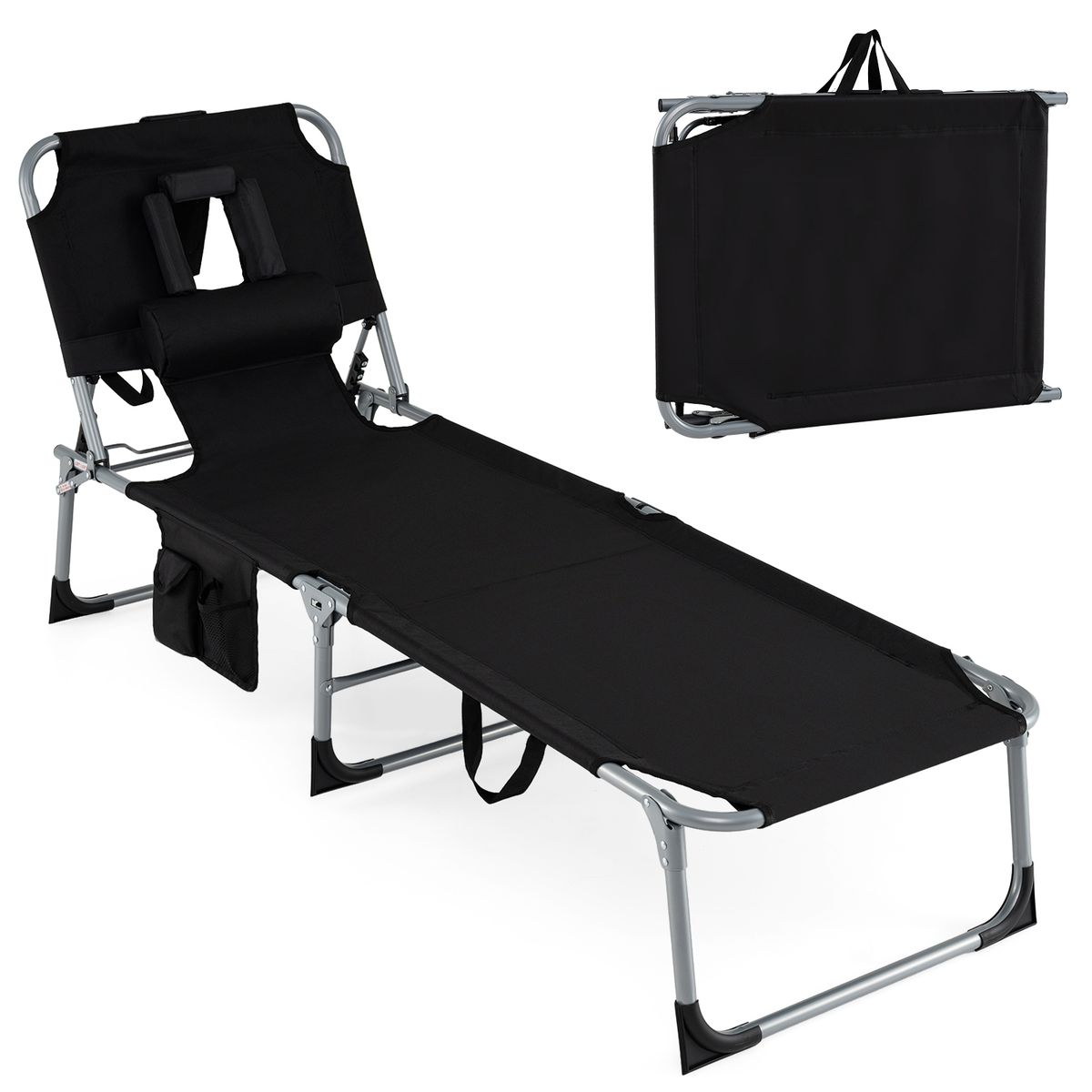 Portable Adjustable Chaise Lounge Tanning Chair - Chaise Lounge-Black