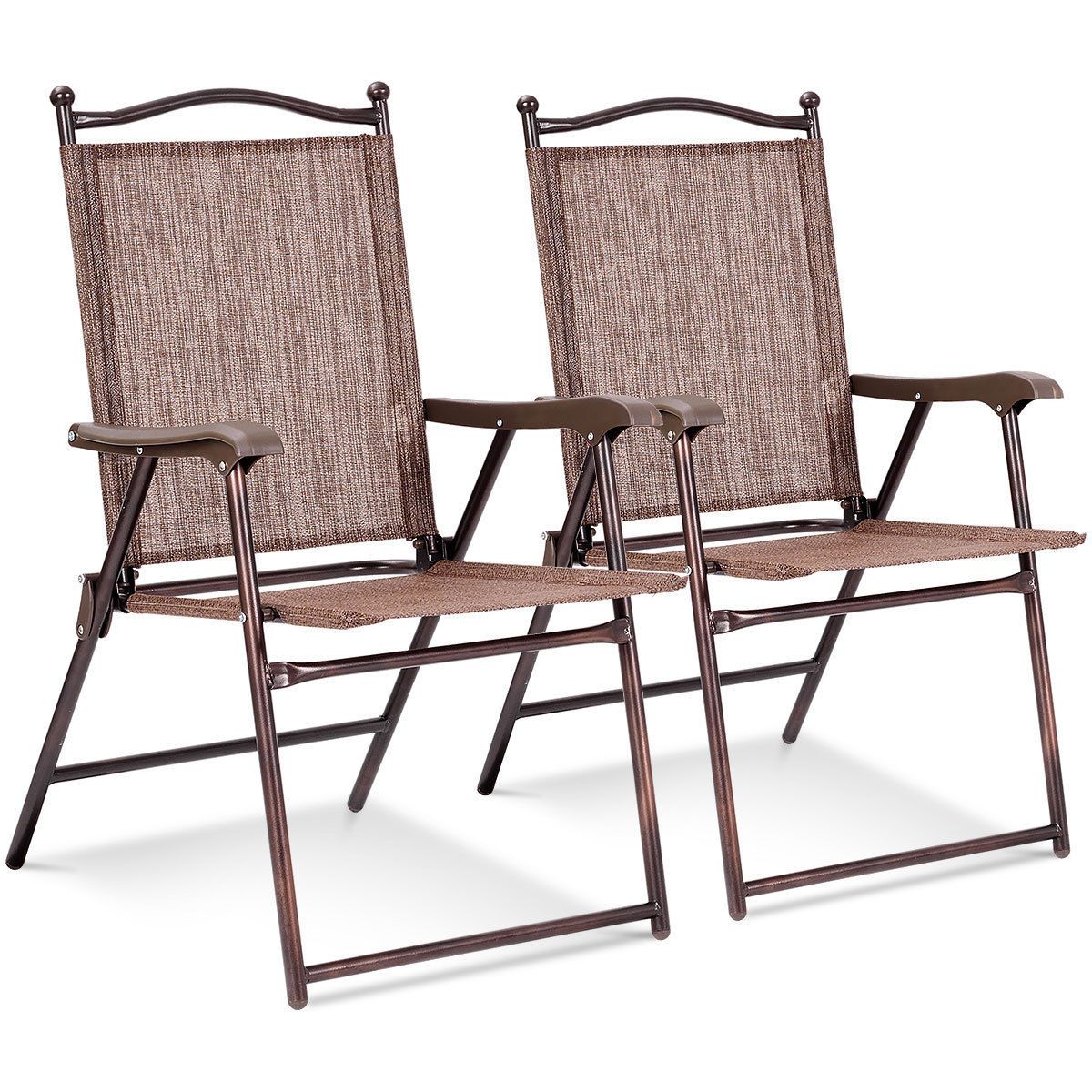 Costway Set of 2 Patio Folding Sling Back Chairs Camping Deck Garden - Brown
