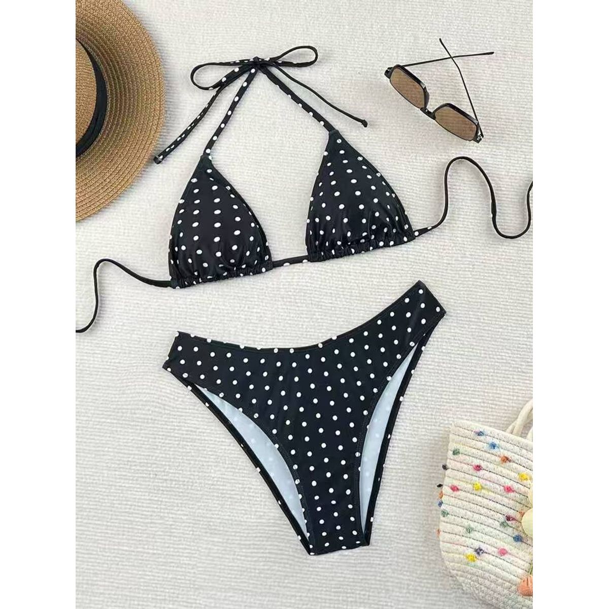 Polka Dot Triangle Bikini Set - Black-L